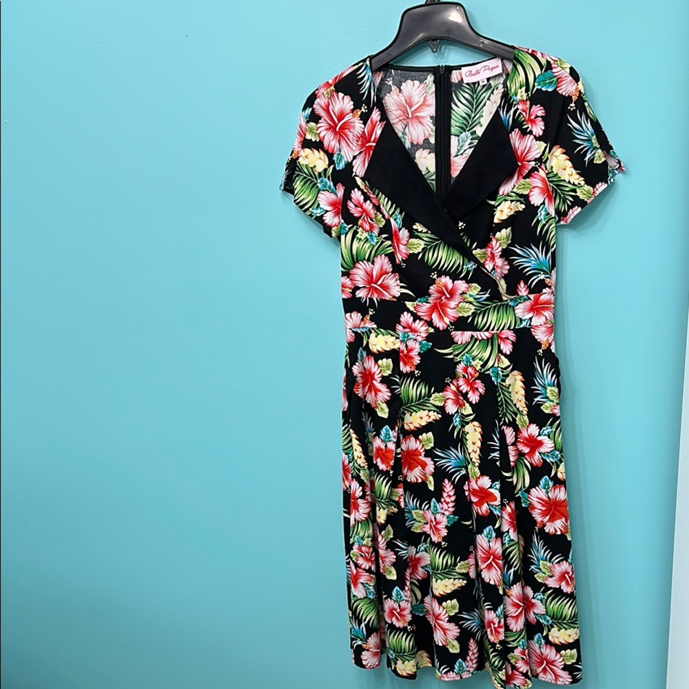 Black Floral Midi Dress Short Sleeve